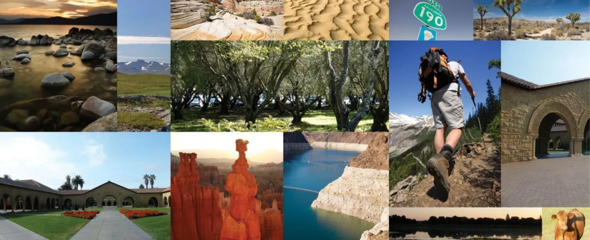 Collage of Western landscapes including mountains, sand dunes, hikers, national parks and ranches.